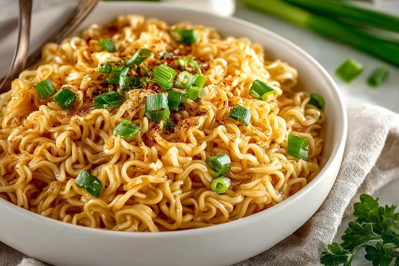 Sesame Garlic Ramen Noodles dish garnished with herbs and spices.