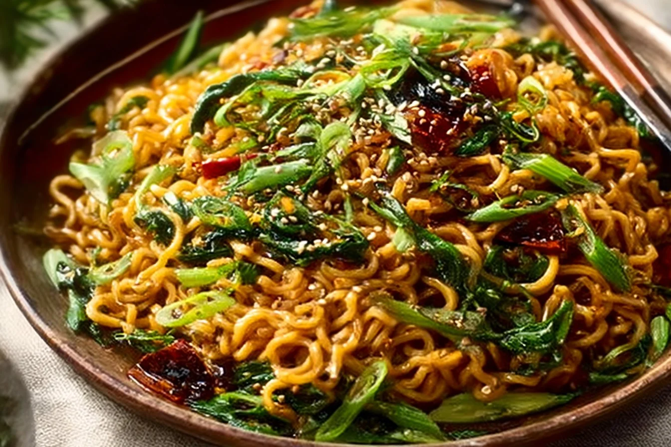 Bowl of flavorful Sesame Garlic Ramen Noodles garnished with sesame seeds and garlic