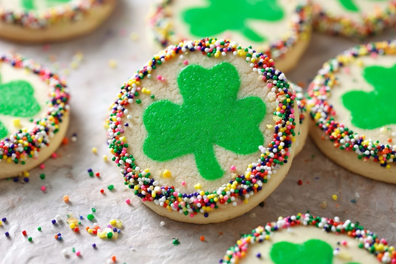 Shamrock-shaped cookies decorated for St. Patrick's Day