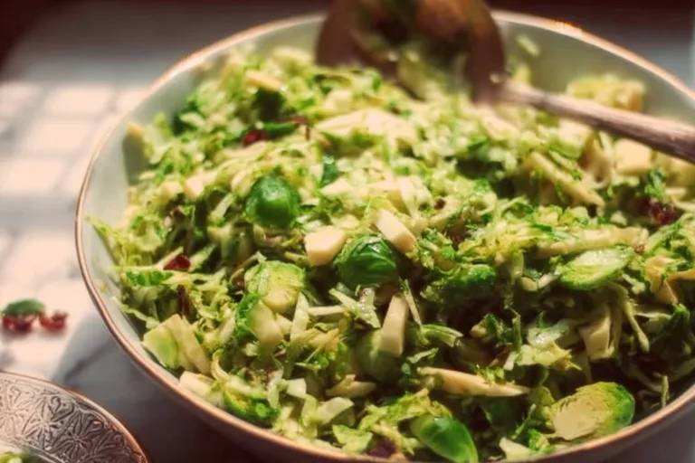 Fresh Shaved Brussels Sprouts Salad with nuts and dressing