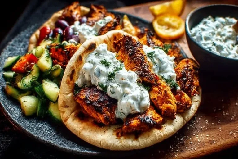 Sheet pan chicken pitas with creamy tzatziki sauce served on a plate