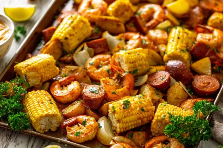 Sheet Pan Shrimp Boil with potatoes, corn, and sausage on a baking sheet