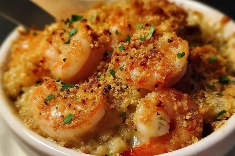 Delicious homemade shrimp casserole ready to serve in a baking dish