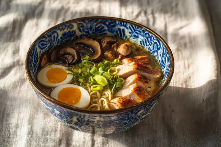 Bowl of simple homemade chicken ramen with garnishes and chopsticks