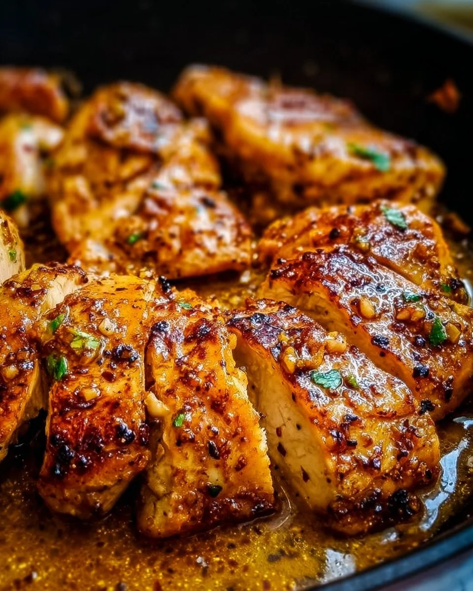 Skillet Garlic Butter Chicken served in a cast iron pan with herbs and garlic.