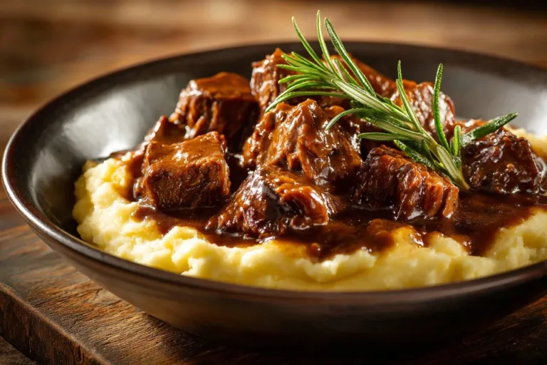 Delicious Slow Cooker Beef Manhattan served with gravy and vegetables