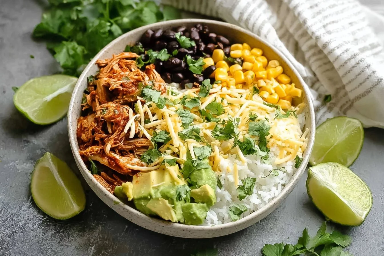 Delicious Slow Cooker Chicken Burrito Bowl with fresh ingredients