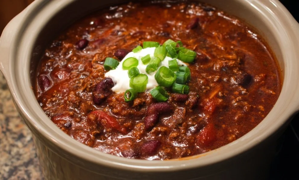 A bowl of delicious slow cooker chili topped with cheese and cilantro.