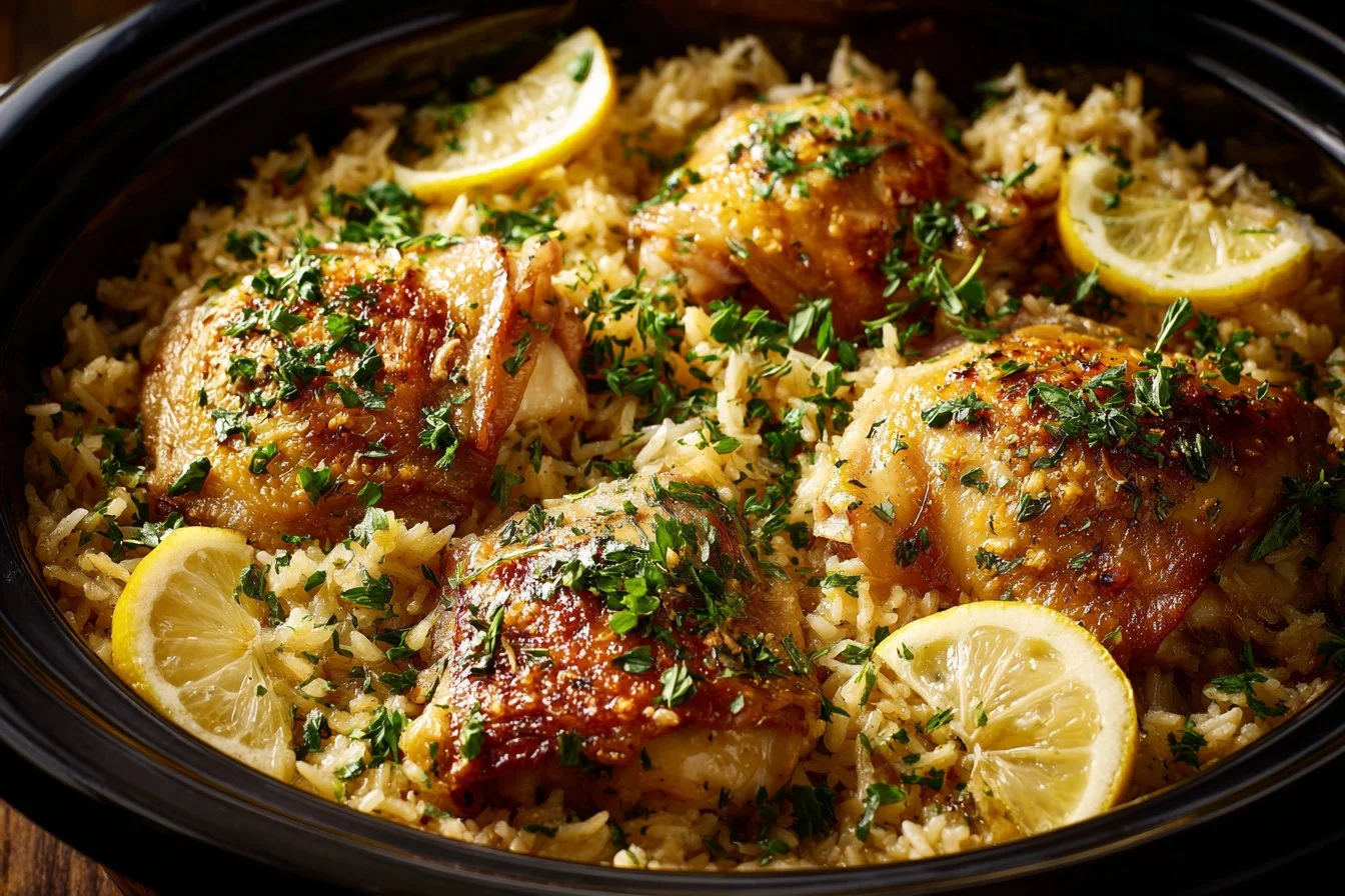 Slow Cooker Lemon Herb Chicken served with fluffy rice on a plate