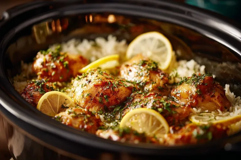 Slow Cooker Lemon Herb Chicken served with fluffy rice on a plate