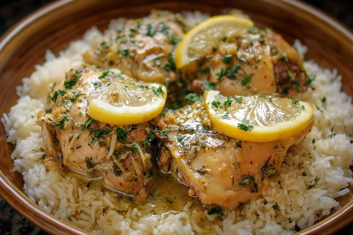 Slow cooker lemon herb chicken served with fluffy rice for a delicious dinner.
