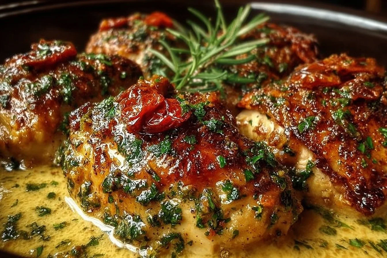 Delicious Slow Cooker Marry Me Chicken garnished with herbs and tomatoes