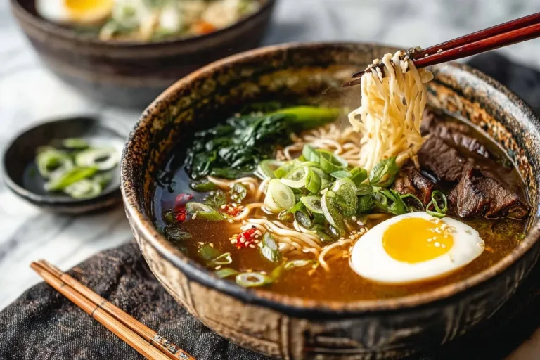 Delicious slow cooker ramen with beef and vegetables in a bowl