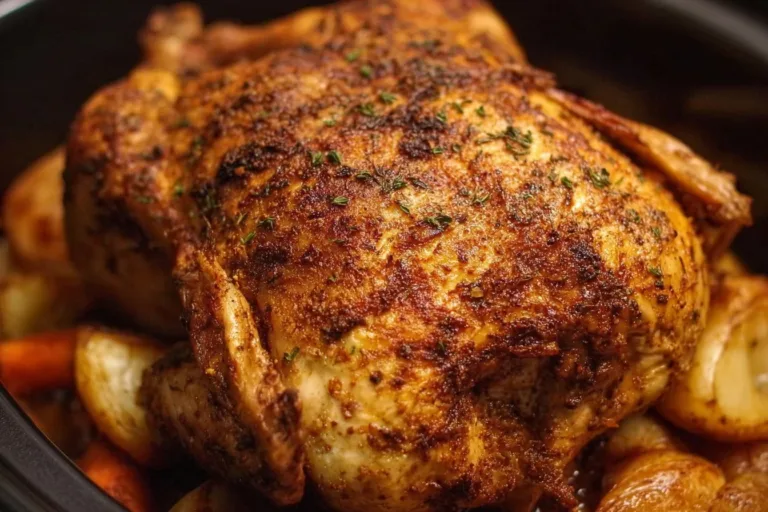 Slow cooker whole chicken cooked to perfection with herbs and spices