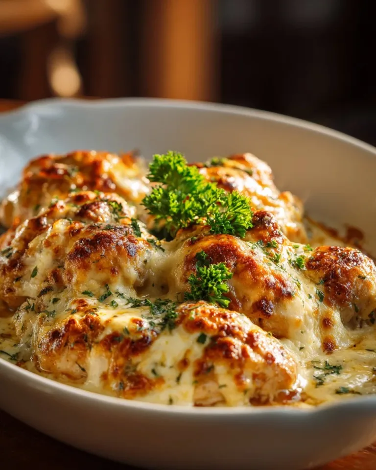 Smothered cheesy sour cream chicken served on a plate with herbs