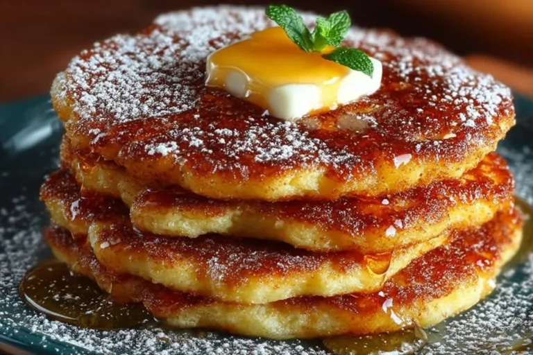 Delicious Spanish churro-inspired pancakes stacked with cinnamon and sugar