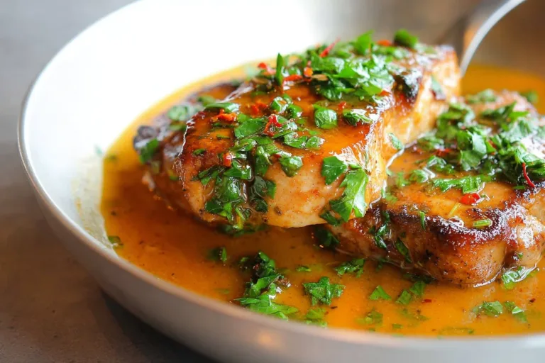 Delicious spiced pork chops served with rich pan sauce on a plate