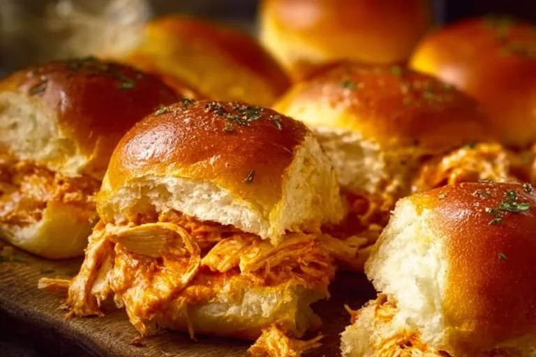 Spicy buffalo chicken sliders served on a plate, garnished with fresh vegetables.