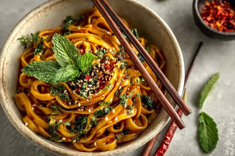 Bowl of spicy chili garlic noodles topped with fresh herbs and chili flakes.