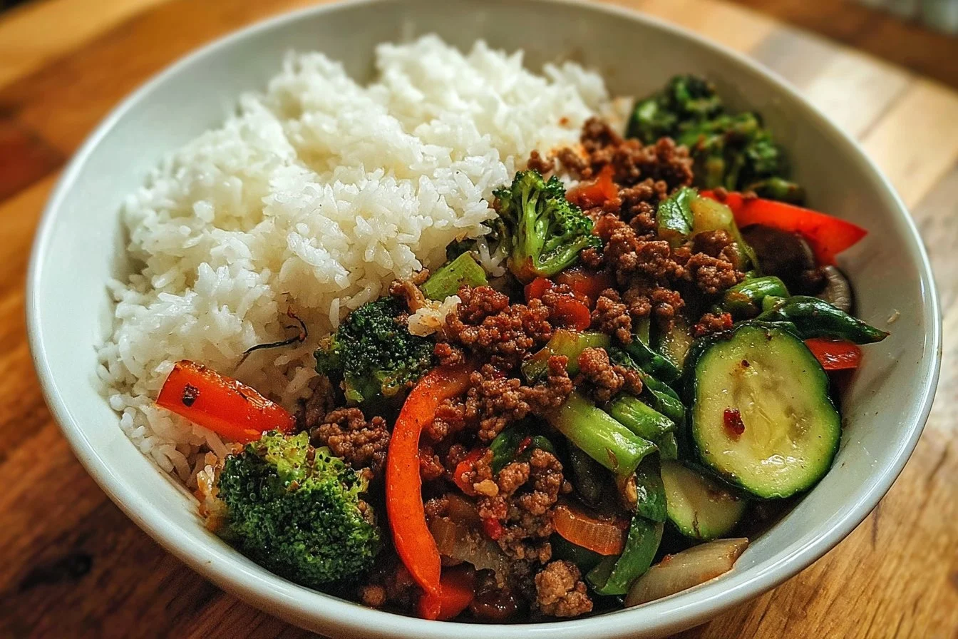 Spicy ground beef stir-fry bowl with garlic vegetables and rice
