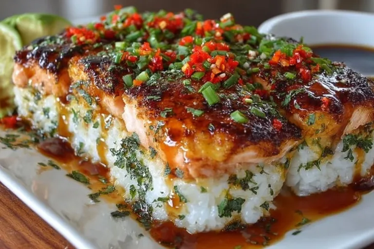 Spicy Salmon Sushi Bake served in a dish, topped with green onions and sesame seeds
