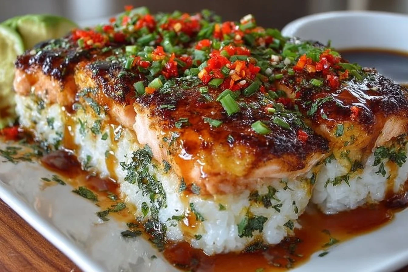 Spicy Salmon Sushi Bake served in a dish, topped with green onions and sesame seeds