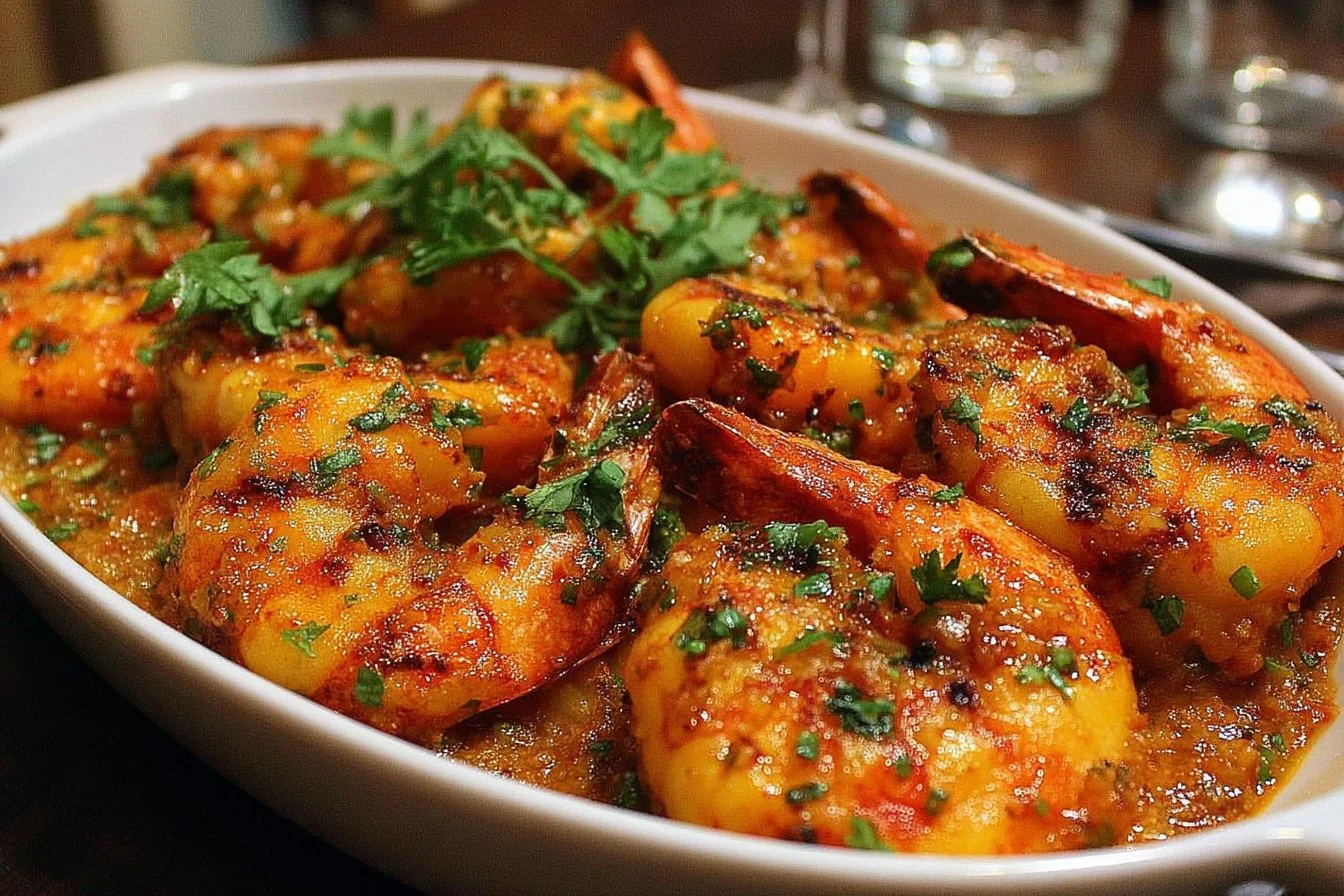 A plate of spicy voodoo shrimp garnished with herbs and spices.