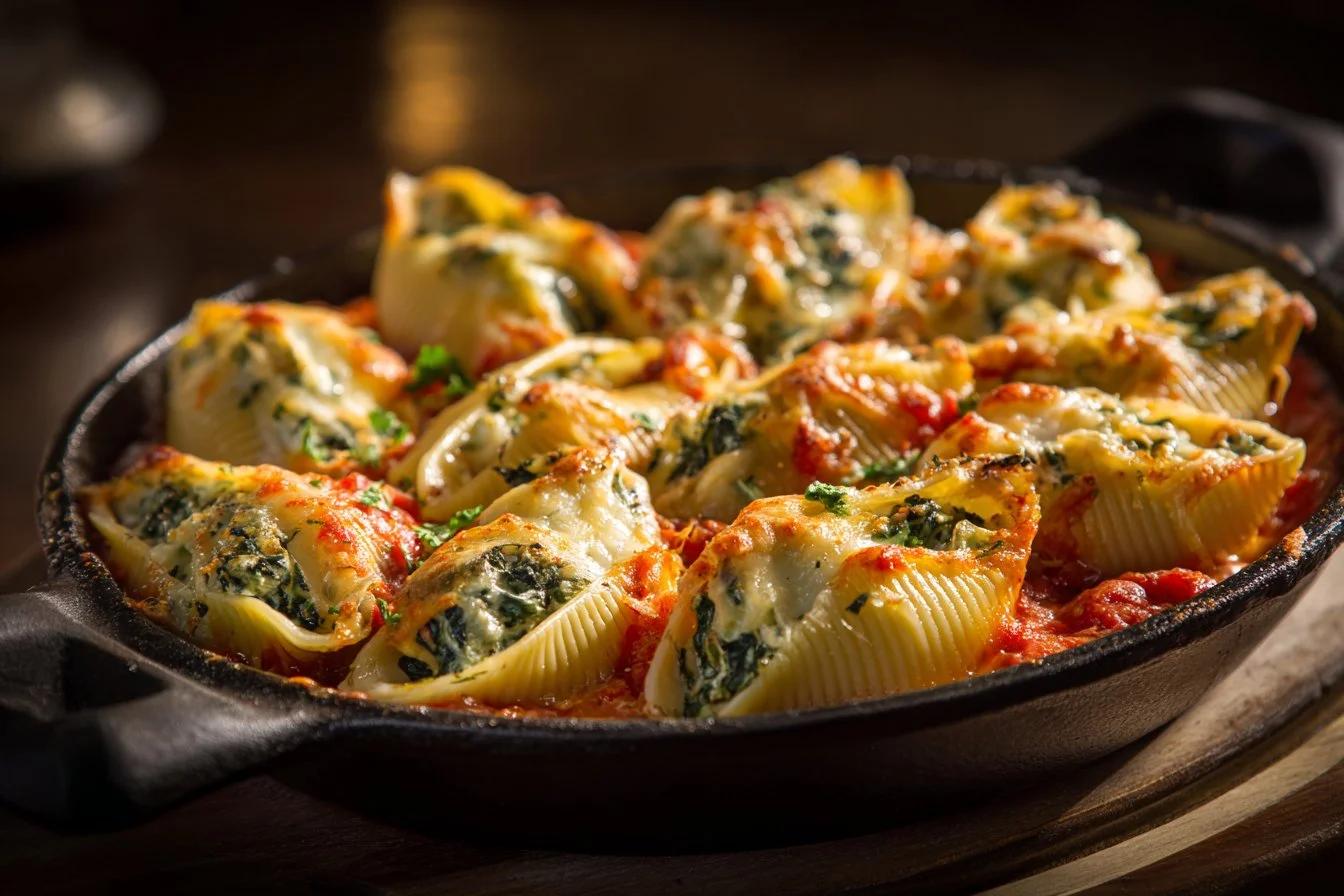 Delicious Spinach and Ricotta Stuffed Shells topped with marinara sauce