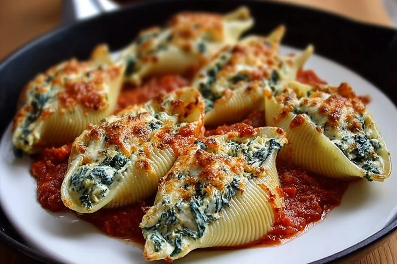 Baked spinach and ricotta stuffed shells topped with marinara sauce and cheese