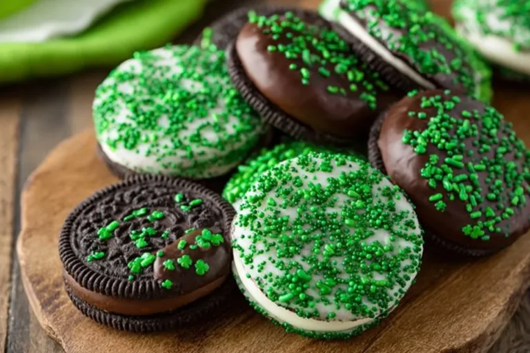 St. Patrick's Day Oreo treats decorated with green and gold sprinkles