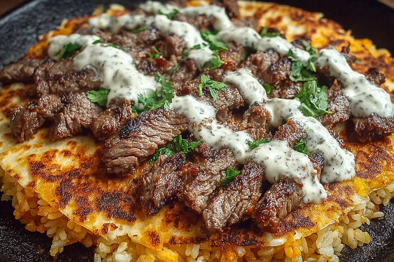 Delicious steak quesadilla with rice, garnished for an appetizing presentation.