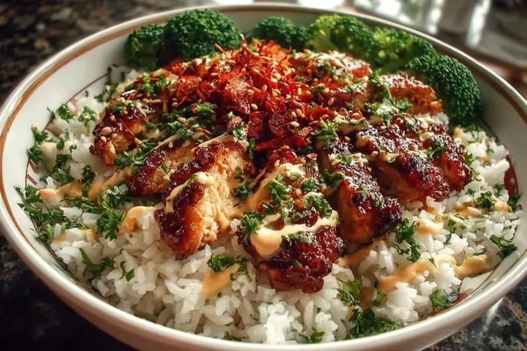 Sticky Chicken Rice Bowls with fresh vegetables and tender chicken on rice