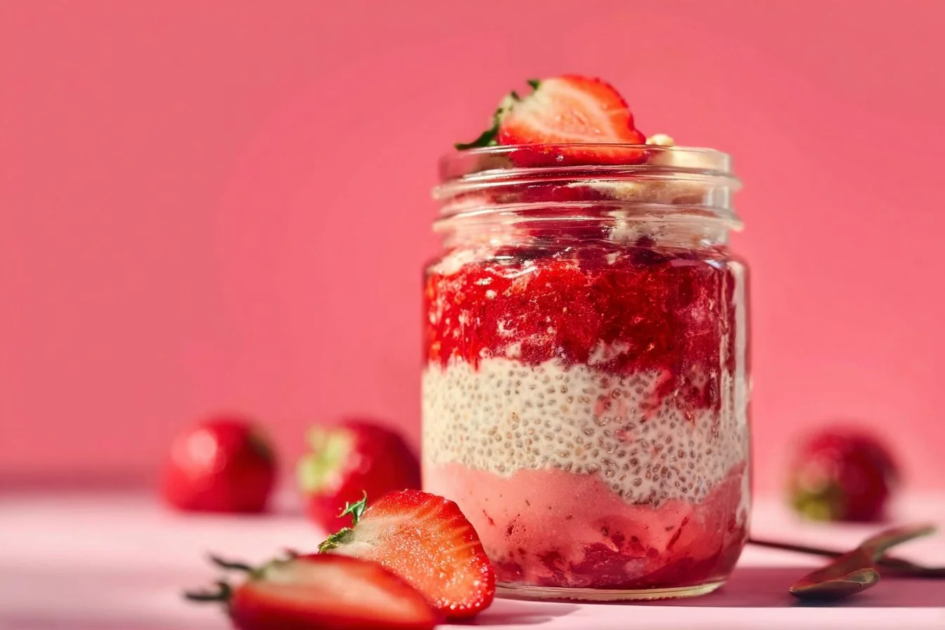 Bowl of Strawberries & Cream Overnight Oats topped with fresh strawberries.
