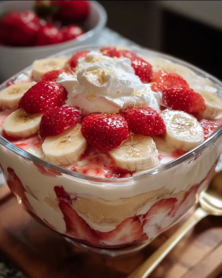 Strawberry banana pudding dessert topped with fresh fruit.