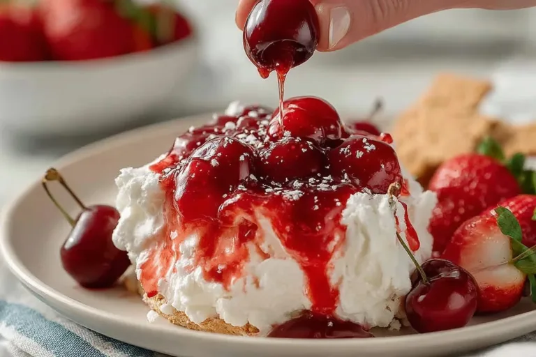 Creamy strawberry cheesecake dip served in a bowl with fresh strawberries