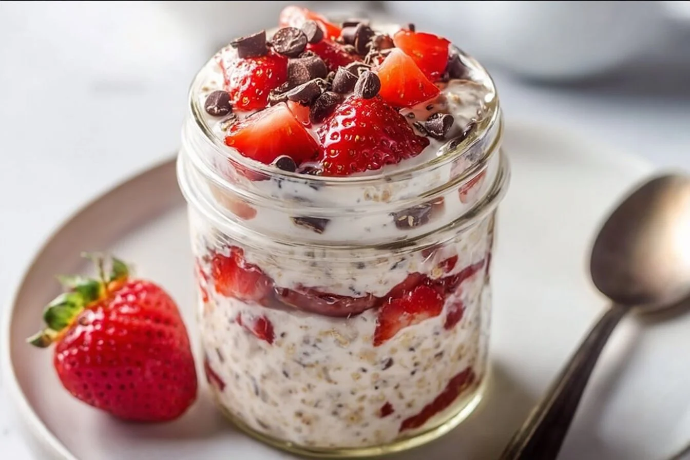 Delicious strawberry chocolate chip overnight oats in a jar with fresh strawberries
