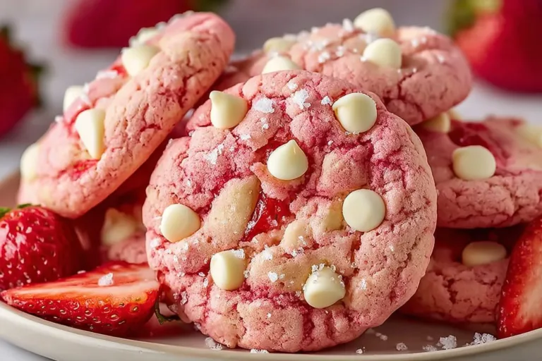 Freshly baked strawberry cookies with pink berries and white chocolate chips