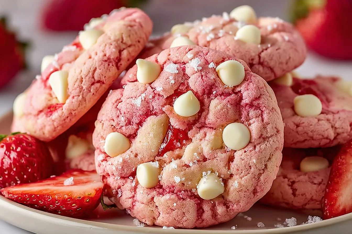 Freshly baked strawberry cookies with pink berries and white chocolate chips