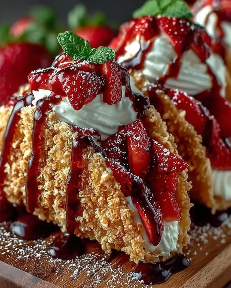Delicious strawberry crunch cheesecake tacos on a plate