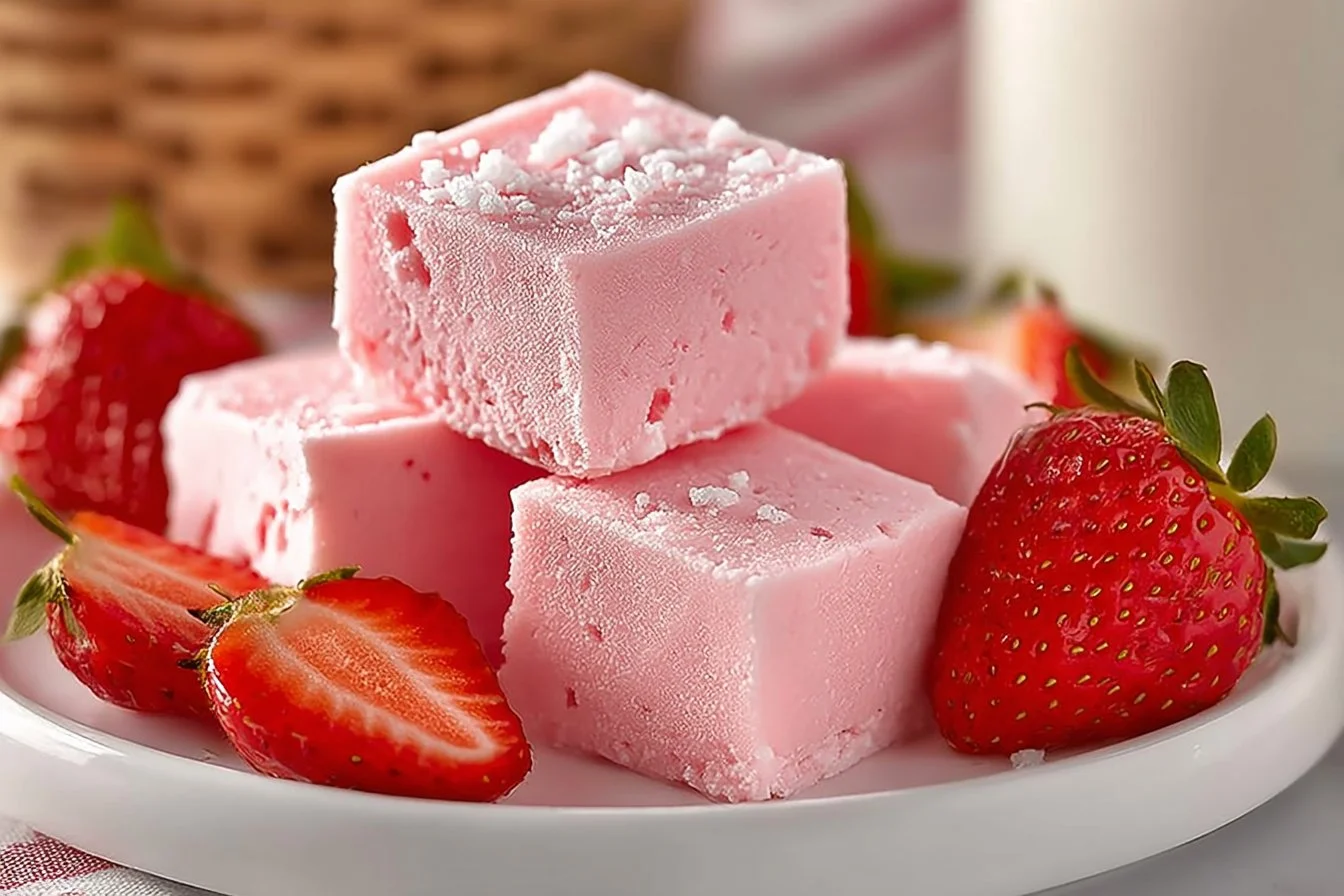 Homemade strawberry fudge topped with fresh strawberries