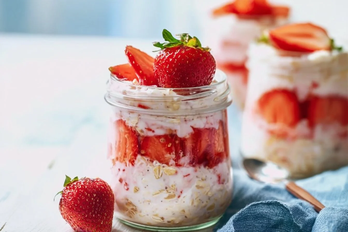 Bowl of strawberry yogurt overnight oats topped with fresh strawberries and nuts