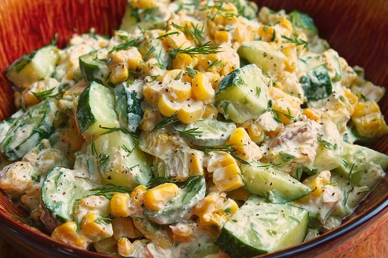 Delicious street corn creamy cucumber salad served in a bowl