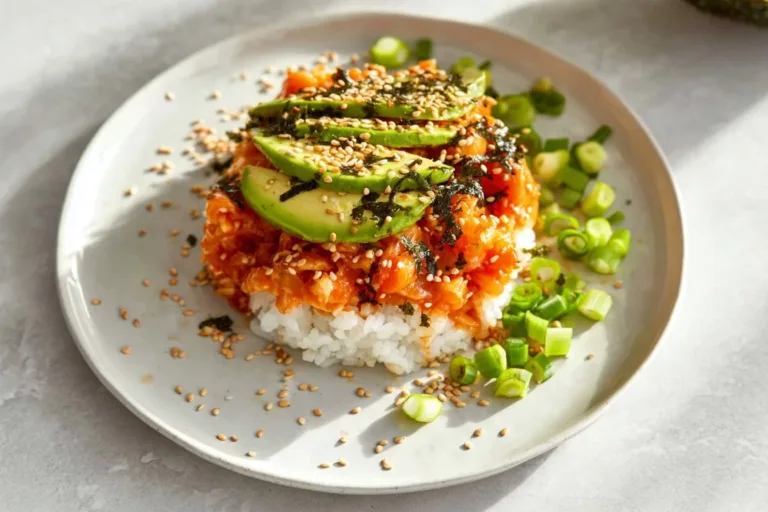 A mouthwatering Sushi Bake with Salmon topped with green onions and sesame seeds.