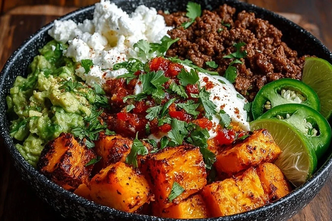 Delicious sweet potato taco bowl with colorful toppings and fresh ingredients.