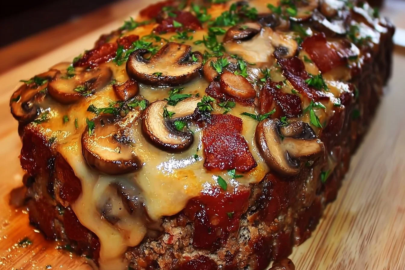 Swiss Bacon Mushroom Meatloaf topped with melted cheese and mushrooms