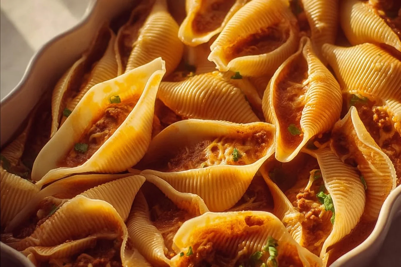 Taco Pasta Shells filled with ground beef, cheese, and spices.