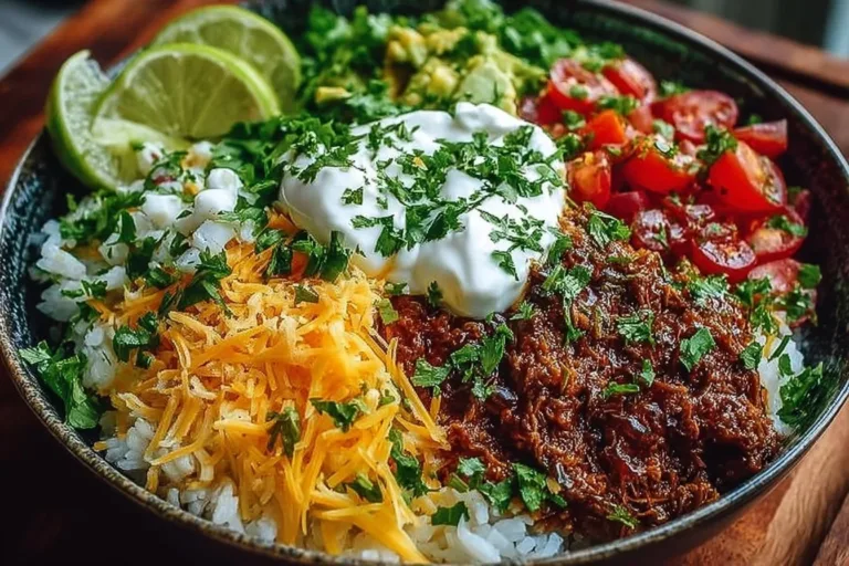 Delicious taco rice bowl topped with fresh ingredients and vibrant colors