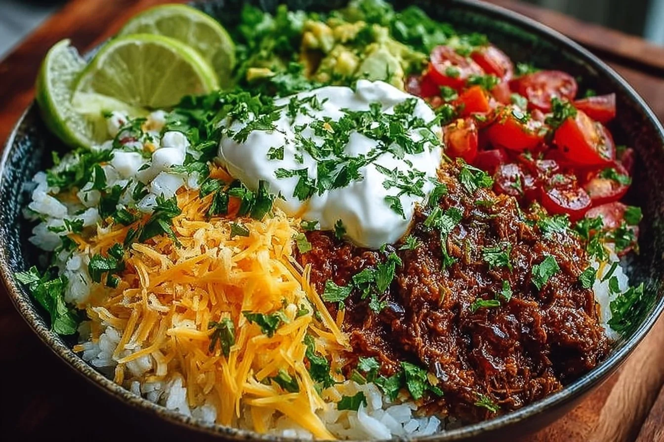Delicious taco rice bowl topped with fresh ingredients and vibrant colors