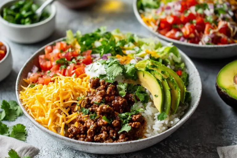 Taco Rice Bowl with fresh ingredients and vibrant toppings for a tasty meal