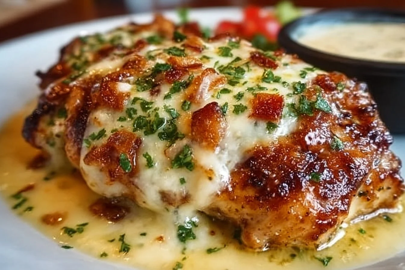 Texas Roadhouse Smothered Chicken topped with Jack cheese and served on a plate